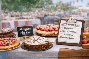 Mehrere verschiedene Kuchen auf einem Tisch im Freien, die zum Verkauf stehen. Daneben ein Schild mit der Aufschrift "Allergene, Infos hier" und ein weiteres Schild mit der Aufschrift "LMIV & Hygiene-Regeln." Darunter eine Checkliste "Allergenliste, Frische & Kühlung, Händehygiene, Dokumentation."