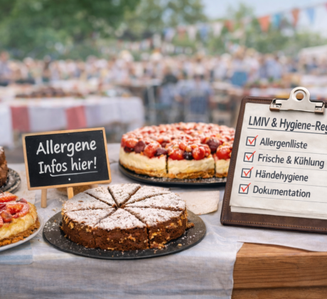 Mehrere verschiedene Kuchen auf einem Tisch im Freien, die zum Verkauf stehen. Daneben ein Schild mit der Aufschrift "Allergene, Infos hier" und ein weiteres Schild mit der Aufschrift "LMIV & Hygiene-Regeln." Darunter eine Checkliste "Allergenliste, Frische & Kühlung, Händehygiene, Dokumentation."