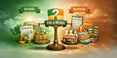 Grafik in Grün und Orange: Eine Waage zeigt das Für und Wider der Gemeinnützigkeit im Verein – Steuer- und Spendenbenefits auf der einen, Auflagen, Verwaltung und mögliche Vorstandshaftung auf der anderen Seite.