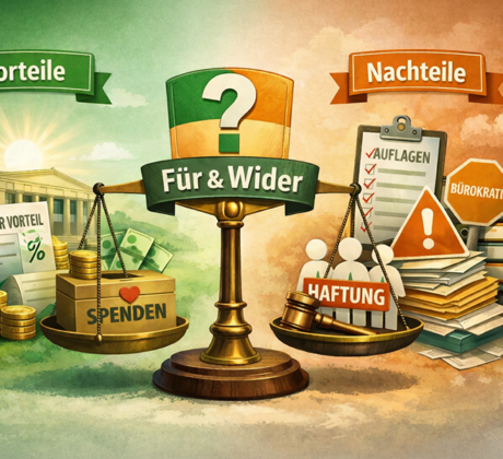 Grafik in Grün und Orange: Eine Waage zeigt das Für und Wider der Gemeinnützigkeit im Verein – Steuer- und Spendenbenefits auf der einen, Auflagen, Verwaltung und mögliche Vorstandshaftung auf der anderen Seite.