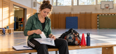 Ehrenamtliche Trainerin dokumentiert Ausgaben nach dem Training in einer Vereinssporthalle.