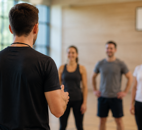 Ein Übungsleiter steht mit dem Rücken zur Kamera in einer hellen Sporthalle und spricht zu einer kleinen Trainingsgruppe. Die Teilnehmer sind im Hintergrund leicht unscharf zu sehen und hören aufmerksam zu. Die Aufnahme vermittelt eine typische Trainings- oder Kurssituation in einem Verein und symbolisiert die Anleitung und Betreuung durch einen Übungsleiter.