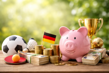Rosa Sparschwein vor gestapelten Euro-Münzen und Geldbündeln, daneben ein Fußball, ein Tischtennisschläger, ein Federball und ein Pokal vor unscharfem grünem Hintergrund. Das Bild symbolisiert Fördermittel und finanzielle Unterstützung für Vereine.