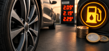 Nahaufnahme einer Auto-Felge neben einem Formular zur Reise- und Fahrtkostenerstattung mit Tank-Symbol, Euro-Münzen und Hinweis auf die 30-Cent-Kilometerpauschale.