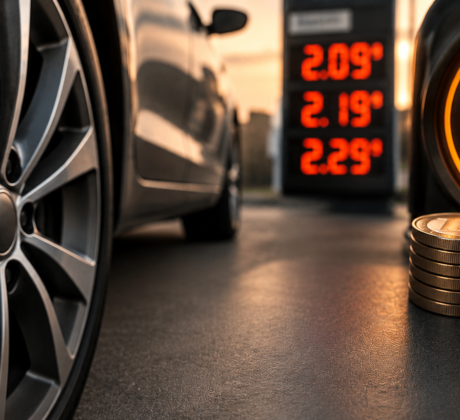Nahaufnahme einer Auto-Felge neben einem Formular zur Reise- und Fahrtkostenerstattung mit Tank-Symbol, Euro-Münzen und Hinweis auf die 30-Cent-Kilometerpauschale.