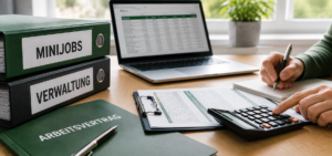 Nahaufnahme eines aufgeräumten Schreibtischs mit Ordnern, Laptop, Taschenrechner und Vertragsunterlagen, während eine Person Verwaltungsunterlagen bearbeitet und Berechnungen durchführt.