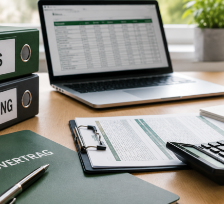 Nahaufnahme eines aufgeräumten Schreibtischs mit Ordnern, Laptop, Taschenrechner und Vertragsunterlagen, während eine Person Verwaltungsunterlagen bearbeitet und Berechnungen durchführt.