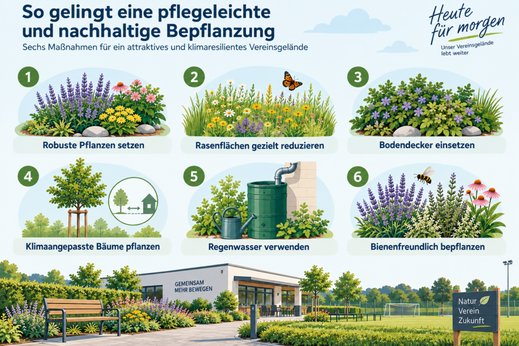 Eine Infografik zeigt sechs Maßnahmen für ein klimaweilisiertes Vereinsgelände: 1. Robuste Pflanzen setzen, 2. Rasenflächen reduzieren, 3. Bodendecker einsetzen, 4. Klimaangepasste Bäume pflanzen, 5. Regenwasser verwenden und 6. Bienenfreundlich bepflanzen.